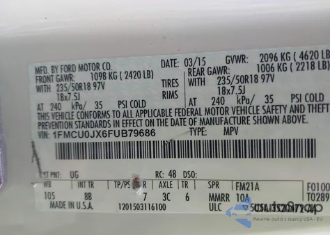 2015 Ford Escape Titanium z USA, uszkodzony, nr VIN 1FMCU0JX6FUB79686